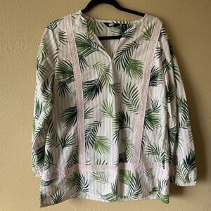 Lands' End Pink Stripe Fern Leaf Print Long Sleeve Tunic Blouse‎ M Boho Cotton